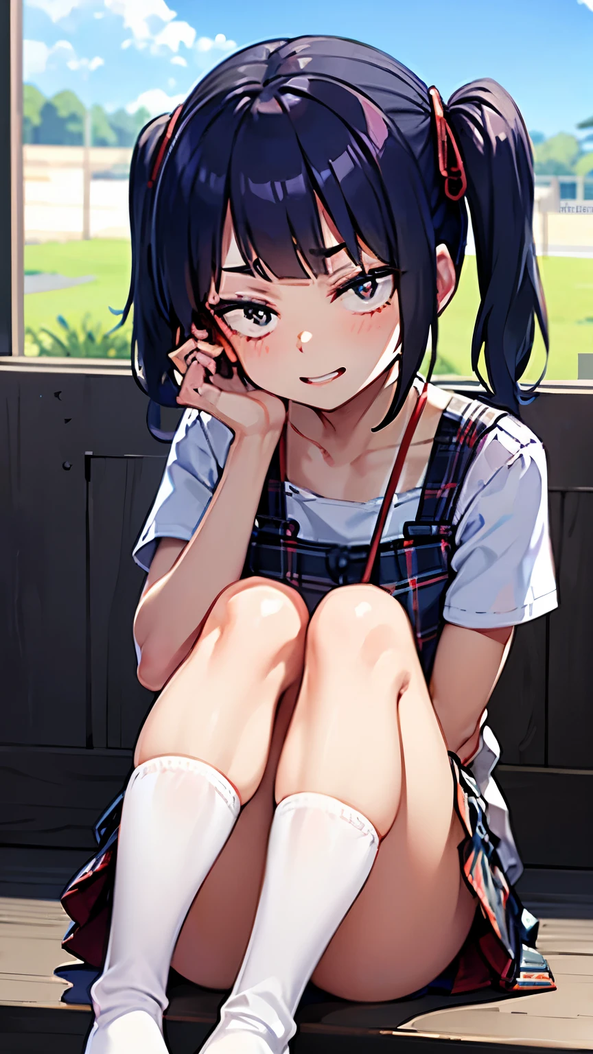 Very cute, from the front, sitting on wide stairs, legs bent, knees raised, legs apart, rainbow pigtails, round eyes, short eyebrows, short eyelashes, slightly upturned lips, small red tartan check shoulder strap one-piece skirt, white zettai ryoiki knee-high socks, zettai ryoiki, sunny day, blue sky, country road, smirk, cheerful,