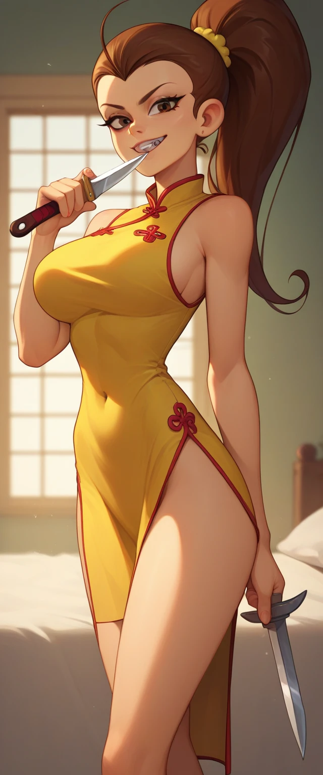 luan loud, 1girl, solo, 24yo girl, large breasts, yellow cheongsam,  standing in a bedroom, looking at viewer, brown hair, long hair , hands  score_9, score_8_up, score_7_up, holding a dagger, throwing dagger at you, high ponytail, teeth