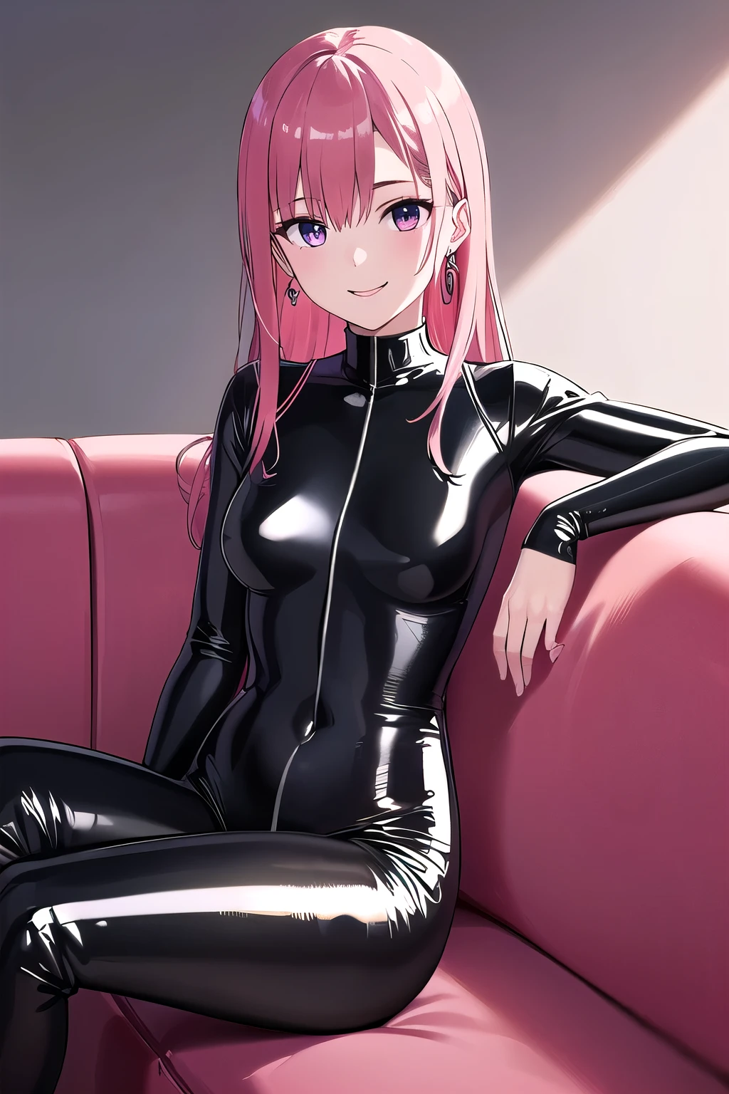  (8K, top-quality, masterpiece:1.2), ( Super Detail), (One girl), (Highly detailed), (beautifully detailed eyes), (of the highest quality), (super detailed ), (masterpiece), (Detailed face), ((pink hair,long hair)), medium breasts, clothed, Perfect Lighting, BREAK, (black glossy catsuit:1.3), high neck, (glossy fabric:1.1), (black tights:1.2), matte finish, (thigh-high boots:1.1), sleek and slim, (silvery earrings:1.1) with a touch of sparkle, glossy makeup, sleek hair, fitted and sexy silhouette, stylish and modern look, BRAKE, (upper body and thighs:1.1), (smile:1.1), (face turned slightly:1.1), (sitting with legs spread:1.2), on a sofa, (white background:1.1), (dramatic lighting:1.1)
