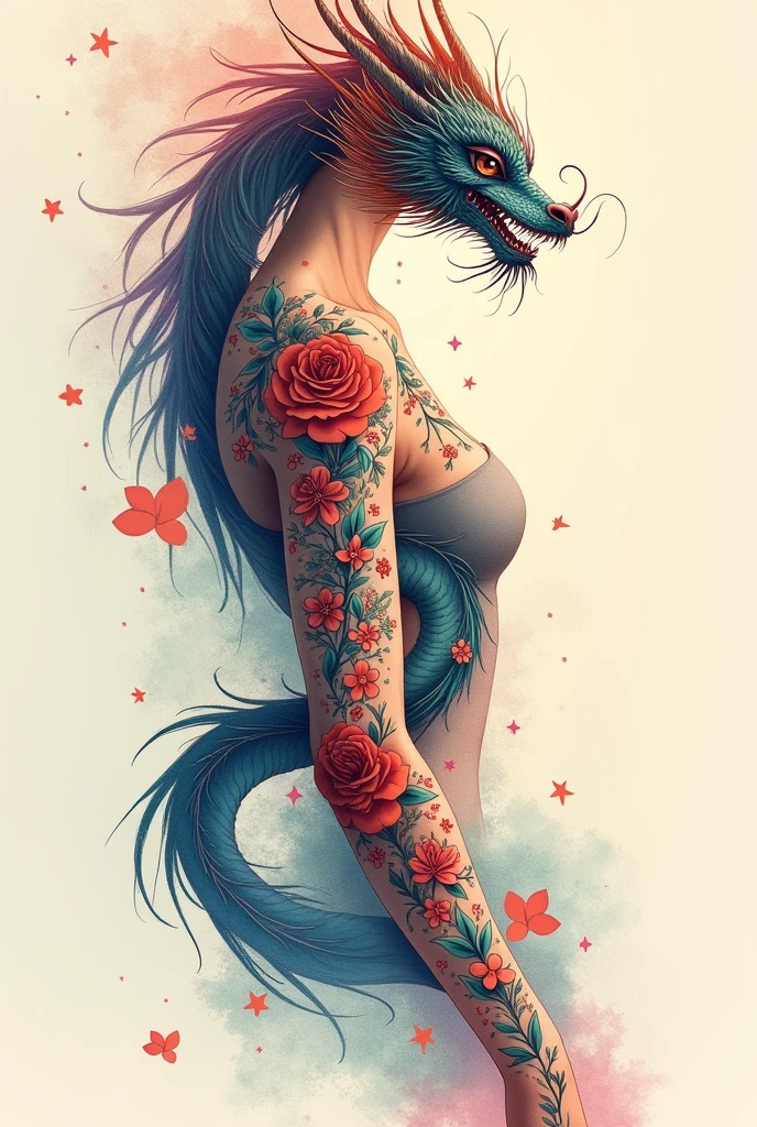 Sketch of a tattoo on a delicate thin female arm,from shoulder to elbow , dragon flower zodiac sign stars