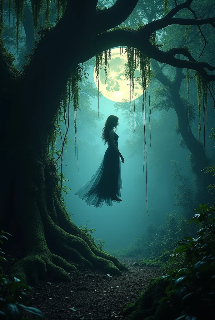 Forest with a person hanging from a tree, the image should be wide, it's for my YouTube cover.