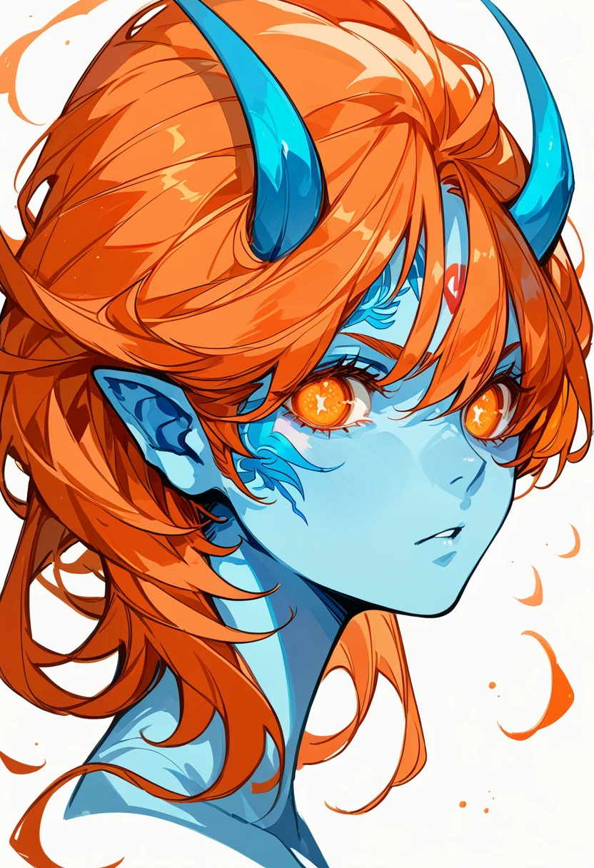 (((masterpiece))), (((Highest quality: 1.4))), ((Super Detail: 1.4)) , An extremely detailed gouache painting of a tiefling woman, Gorgeous exotic features, Amber neon eyes:1.5, Orange Hair, Highly detailed facial features, Expressive Face, Detailed Texture, Blue skin tone, Tattoo, Natural Skin Shader, Volumetric, Warm shades beneath her skin, Ultra-high resolution