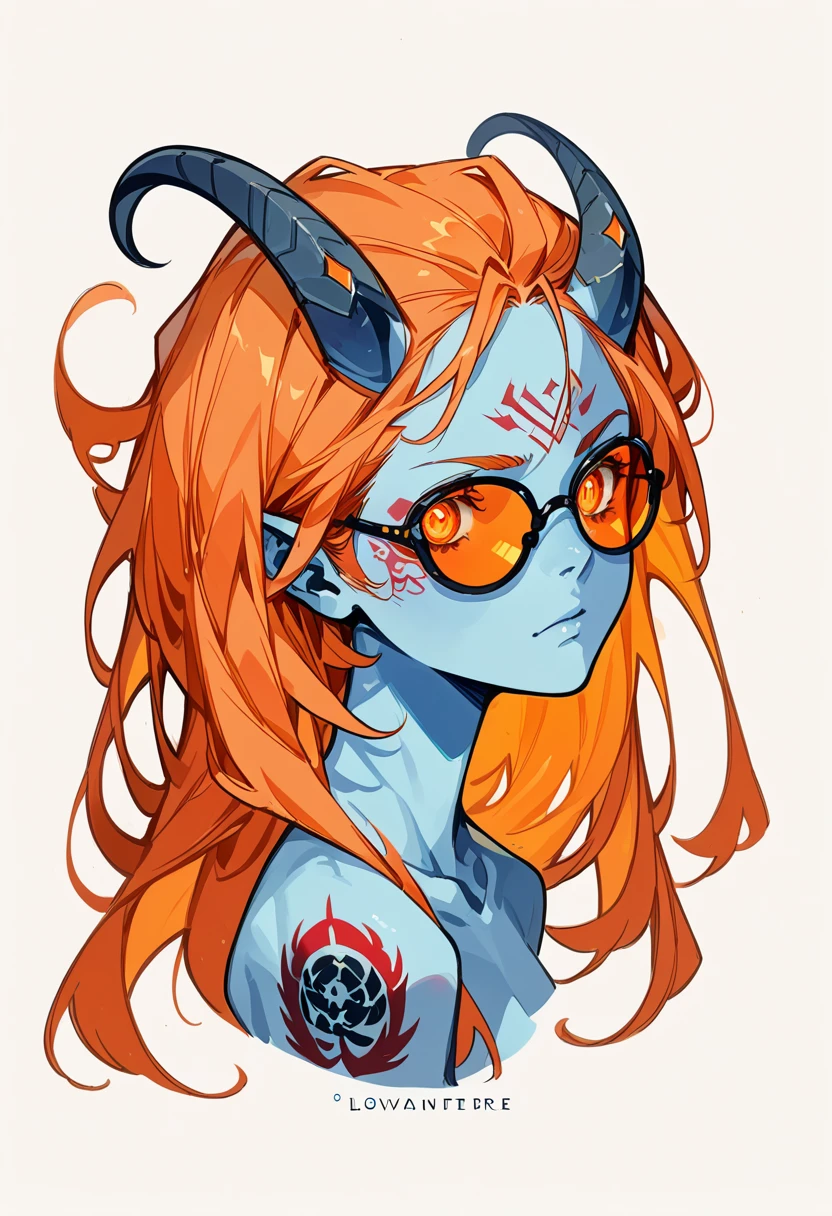 (((masterpiece))), (((Highest quality: 1.4))), ((Super Detail: 1.4)) , An extremely detailed gouache painting of a tiefling woman, Gorgeous exotic features, Amber neon eyes:1.5,  Orange Hair, Highly detailed facial features, Expressive Face, Detailed Texture, Blue skin tone, Tattoo, Natural Skin Shader, Volumetric, Warm shades beneath her skin, Ultra-high resolution