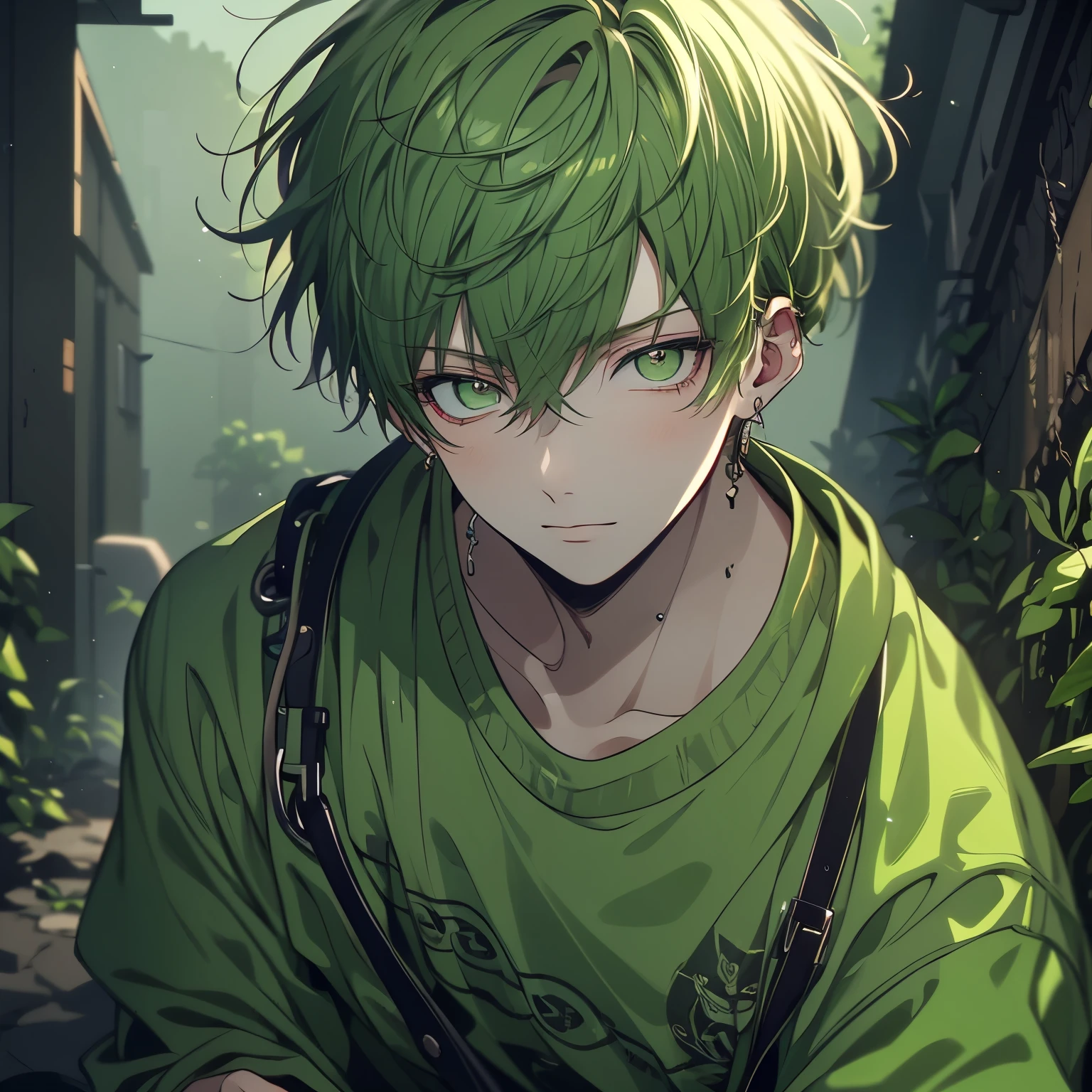 (masterpiece), Highest quality, Ultra-high resolution,male、1 person、Muddy green hair、Short Hair、Muddy green eyes、Muddy green clothes、Walking through the mist