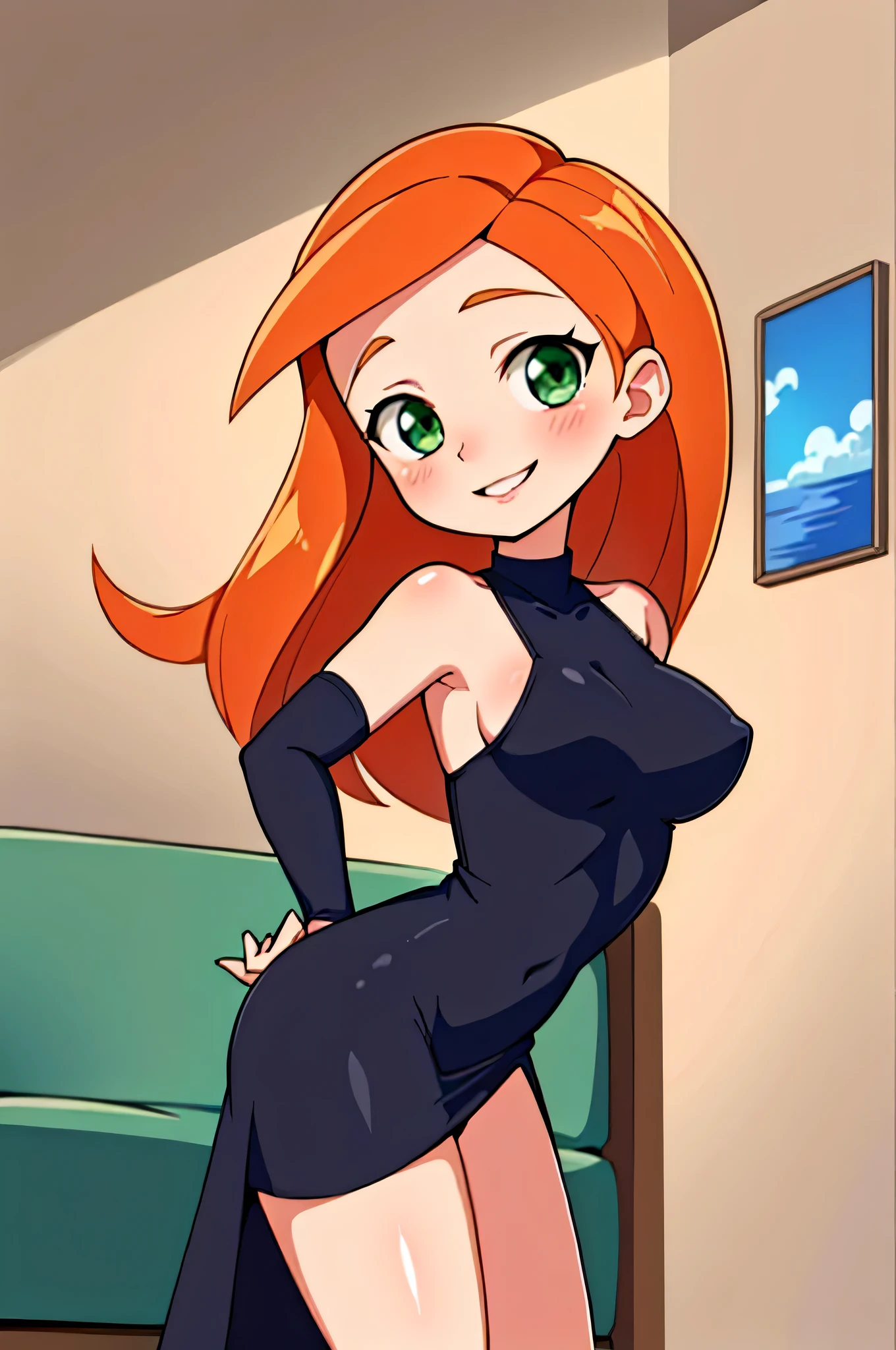 (kim possible:1.3), long hair, green eyes, (sexy black dress:1.1), blush, (thigh slit:1.1), medium breasts, orange hair, black spaghetti strap dress, bare arms, bare neck, indoors room, standing up, sexy eyes, smile, Masterpiece, best quality, detailed background, intricate details, detailed, looking at viewers