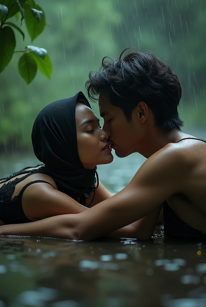 beautiful hijab indonesian lesbian girl laying down,bra and panties,hugging,french kiss,breast grope,view from far,,raining,x