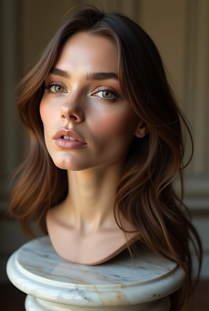 ((Disembodied head)), Elizabeth Olsen head on a pedestal, wearing makeup, eyelashes, long brown hair, detailed skin texture, (realistic), natural lighting, best quality