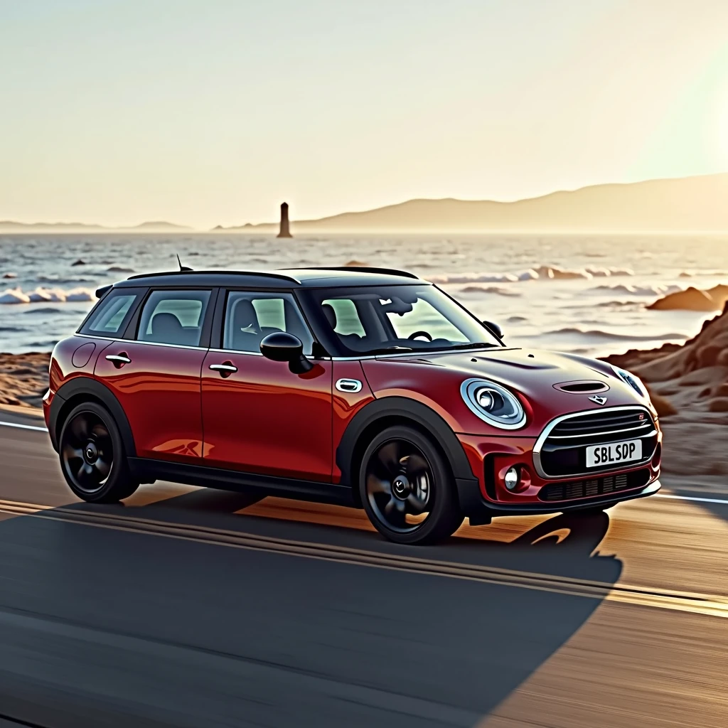The 2023 Mini Clubman body color is a slightly orange-tinged metallic red.　The wheels are black　Drive along the coast　A slightly pulled-back angle