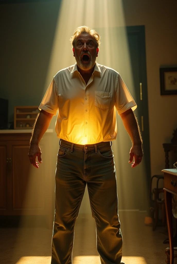A man looking down his pants with shock and a yellow bright light coming from it