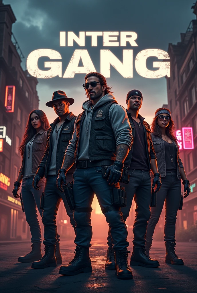 Generate realistic photo of inter gang which was in black adam movie for pubg clan with inter gang written on it by replacing lead characters from pubg