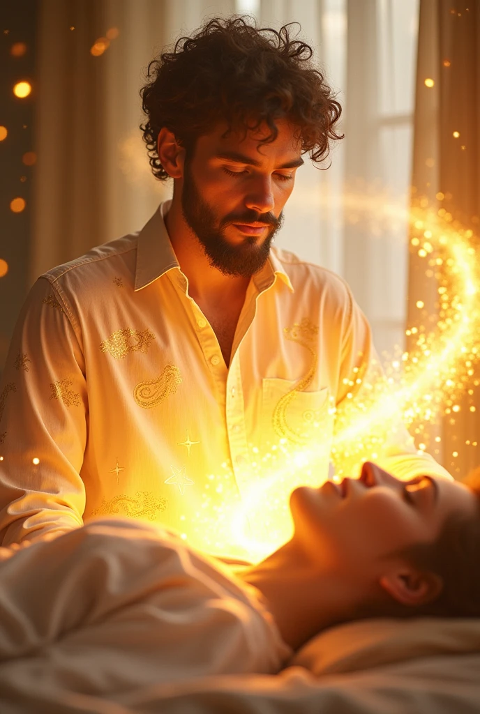 A 21 Year  Boy With Faciel Beards And White Golden Shirt With Bright Golden Energy Hand , He Heal A Person With Univerce Golden Energy , A Person Lying Down And Energy Heal The Body 