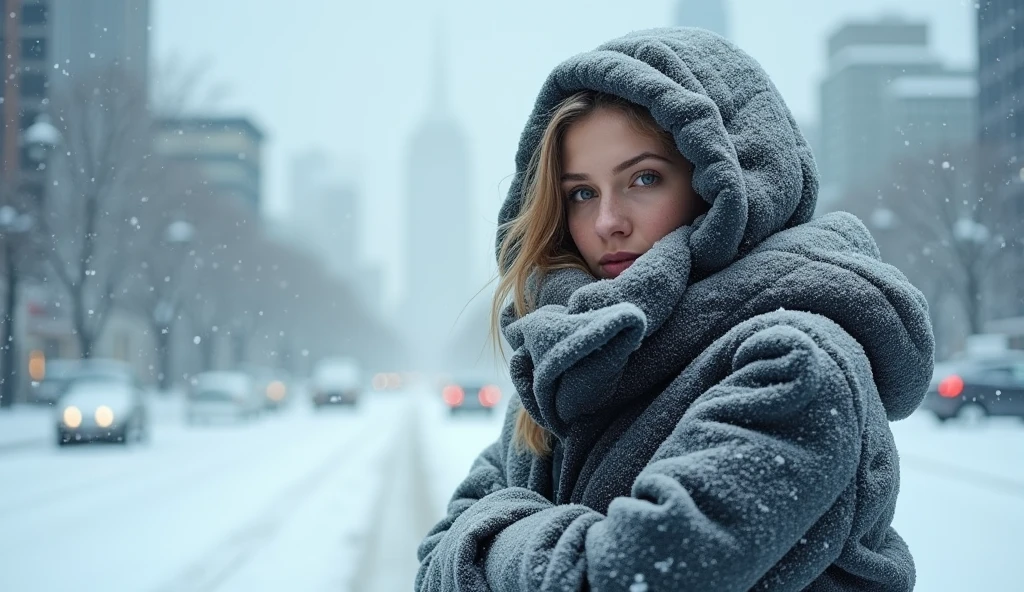 a woman in the cold with her face covered in snow wearing a big coat covered in a lot of snow and frozen and in a frozen city, snow falling in the background of the city