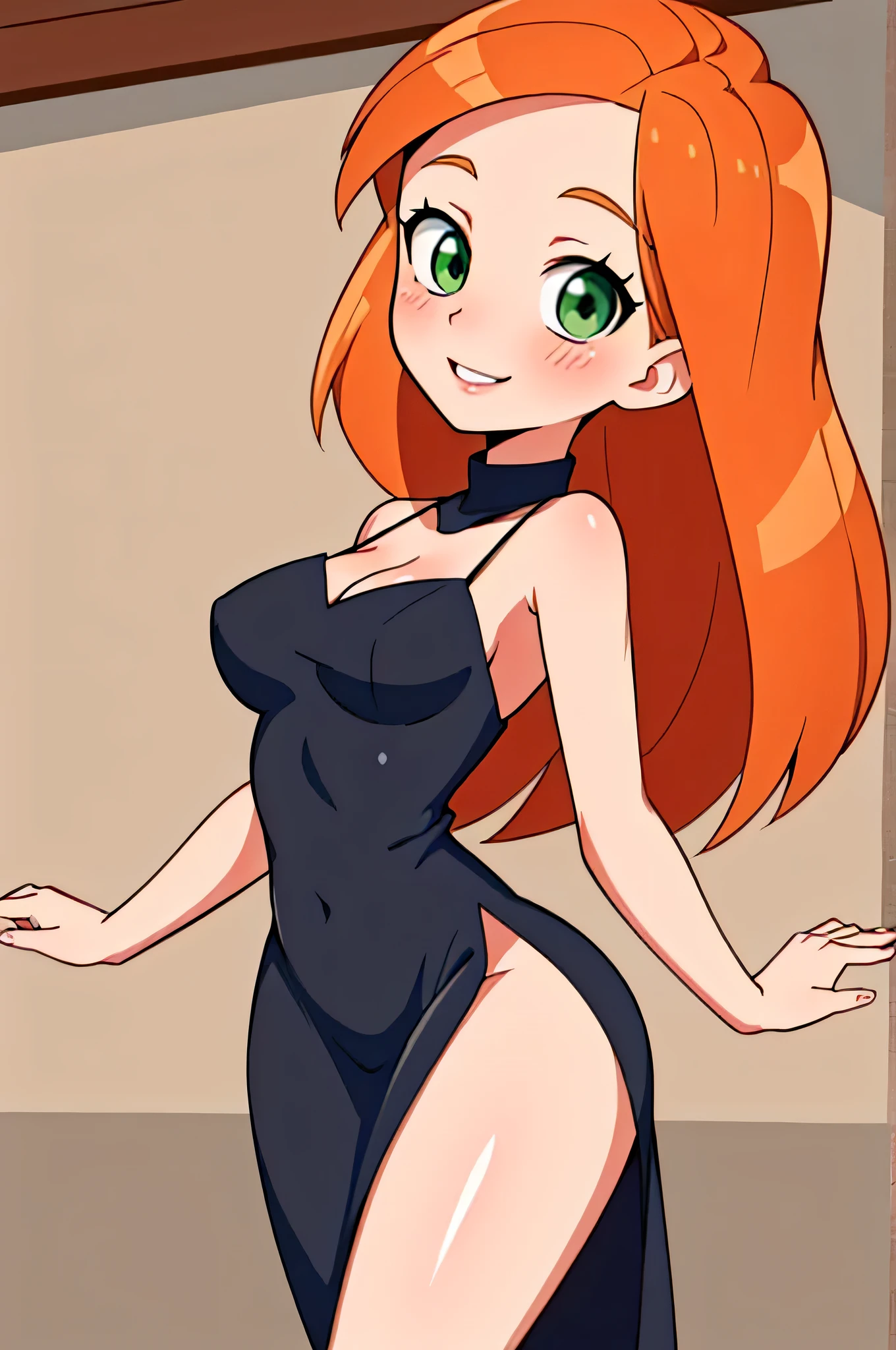 (kim possible:1.3), long hair, green eyes, (sexy black dress:1.1), blush, (thigh slit:1.1), medium breasts, orange hair, black spaghetti strap dress, bare arms, bare neck, indoors room, standing up, sexy eyes, smile, Masterpiece, best quality, detailed background, intricate details, detailed, looking at viewers