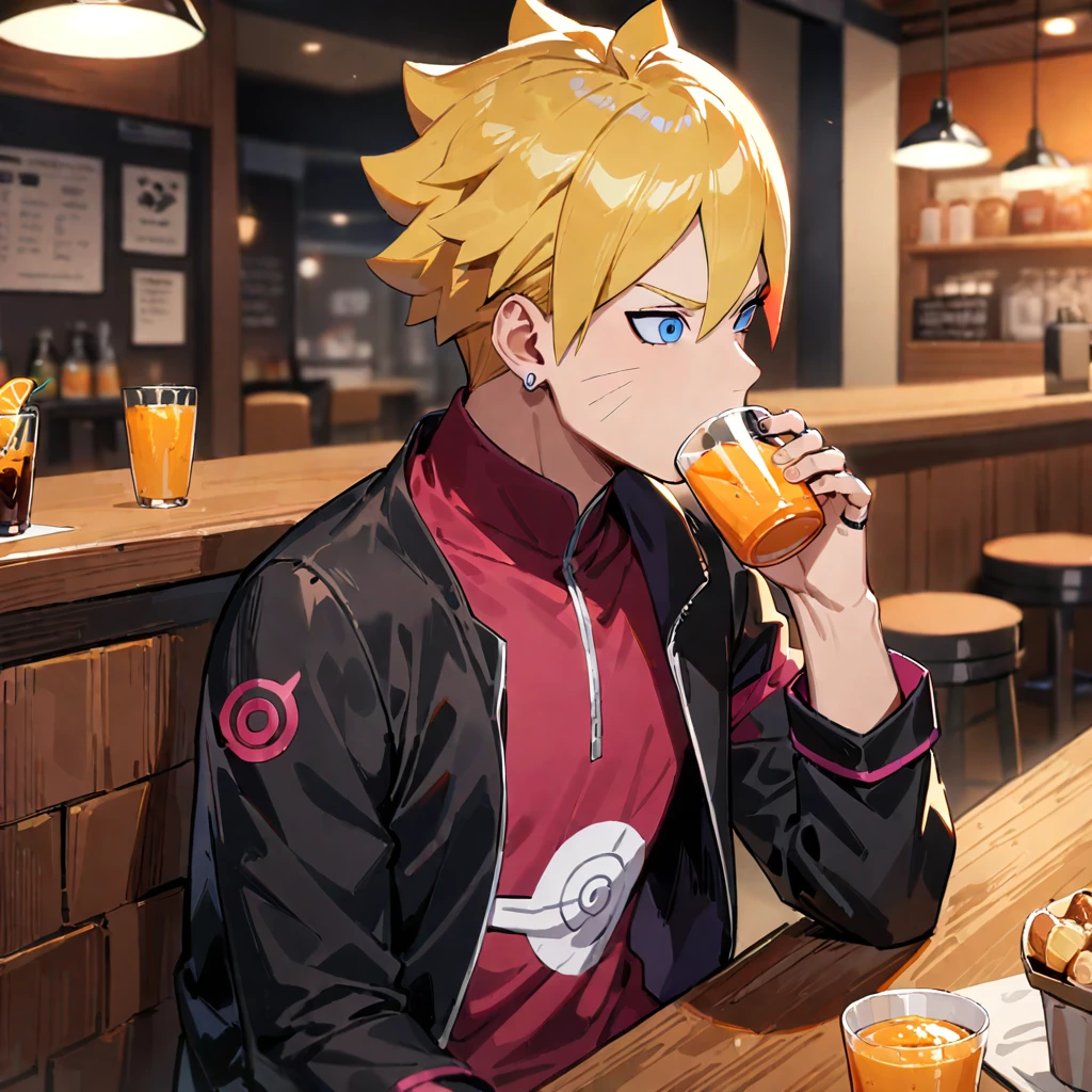 1boy, Boruto Uzumaki, Boruto: Naruto Next Generations, Protagonist, Pensive, Blonde hair, black jacket, red inner shirt, silver earring, black ring on finger, sitting in a dimly lit cafe, sipping orange juice, masterpiece, best quality, very aesthetic, absurdres, ((medium quality)), ((medium quality))