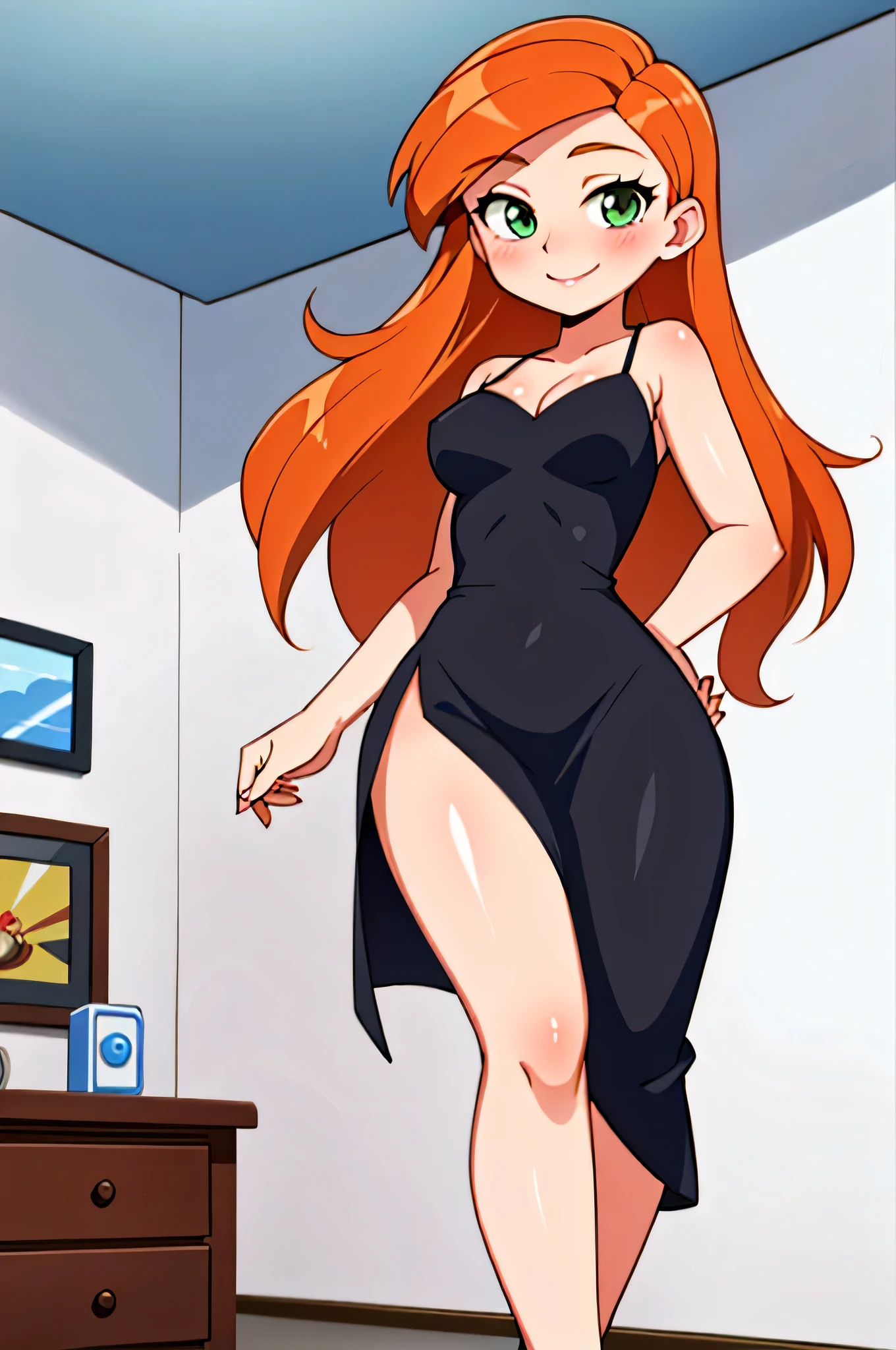 (kim possible:1.3), long hair, green eyes, (sexy black dress:1.1), blush, (thigh slit:1.1), medium breasts, orange hair, black spaghetti strap dress, bare arms, bare neck, indoors room, standing up, sexy eyes, smile, Masterpiece, best quality, detailed background, intricate details, detailed, looking at viewers