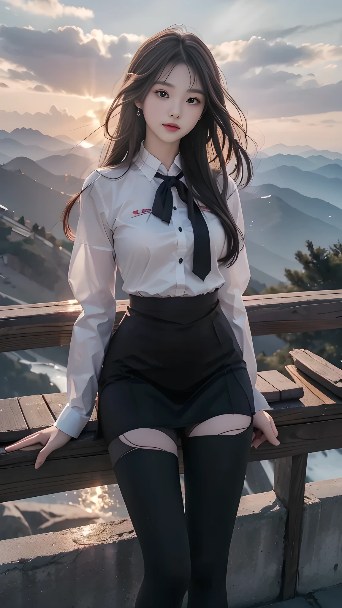 ulzzang-6500-v1.1, (RAW photo: 1.2), (Real photo), (Real photo: 1.4), 1 girl、Perfect anatomy、20 years old、Looking at the camera、Medium length hair、Uniform dress, watching the sunset, ((in the mountains: 1.1))、(Hyperrealistic tights: 1.2), (Business service)、Asian eyes Ella,