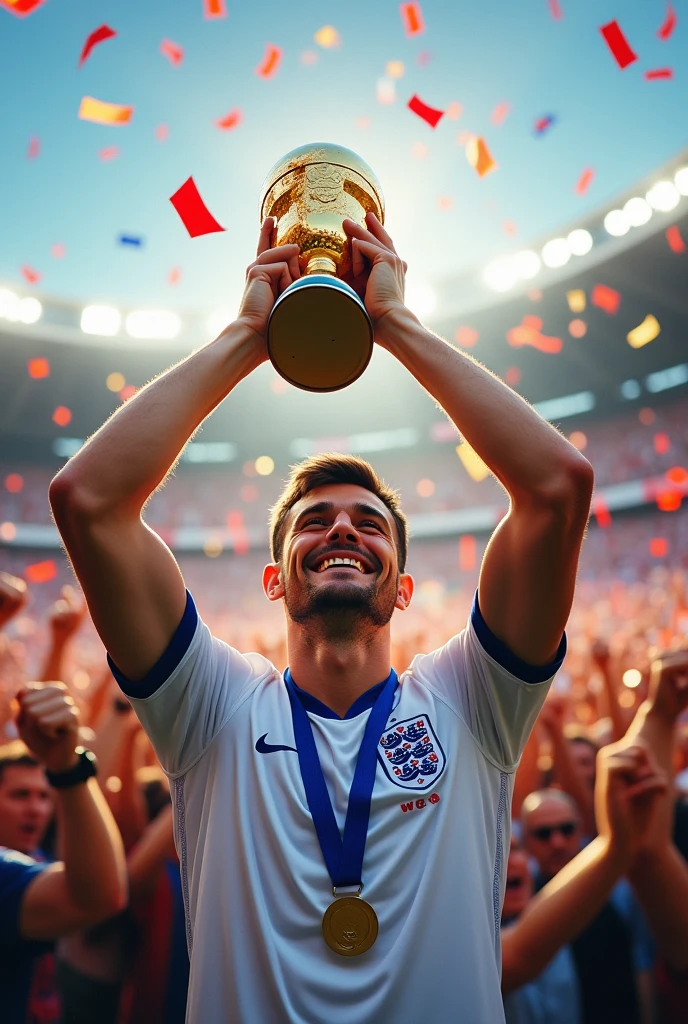 Harry Maguire: Imagine Harry Maguire, the England defender, with a smile of joy and pride on his face.
world cup cup: He is holding the World Cup trophy, which is a golden and iconic trophy, shining under the stadium lights.
England's uniform: He wears the English national team uniform, which is typically a white shirt with blue and red details.
Scenario: The background could be a vibrant stadium with fans celebrating, confetti falling and a party atmosphere