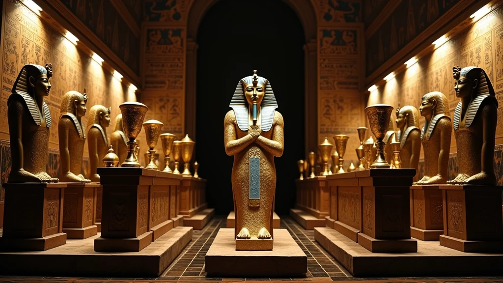 A cinematic still from a historical film, depicting the luxurious interior of a pyramid in ancient Egypt. The scene features an elaborate room with one opulent sarcophagi OF ADULT MUMMIES adorned with gold inlay and intricate carvings. In the center, golden vases among the artifacts. The walls of the pyramid are adorned with impressive hieroglyphic murals, casting a warm and mysterious atmosphere over the entire scene., photo, architecture, cinematic
