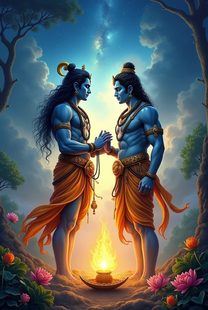 Lord Shiva and Vishnu catching sharath with glow of fire