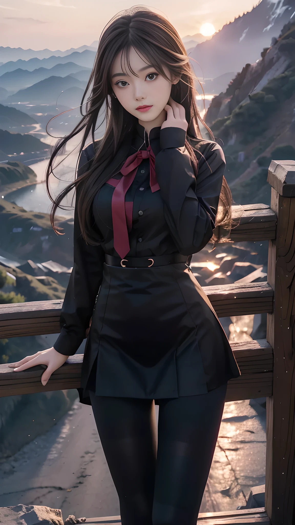 ulzzang-6500-v1.1, (RAW photo: 1.2), (Real photo), (Real photo: 1.4), 1 girl、Perfect anatomy、20 years old、Looking at the camera、Medium length hair、Uniform dress, watching the sunset, ((in the mountains: 1.1))、(Hyperrealistic tights: 1.2), (Business service)、Asian eyes Ella,