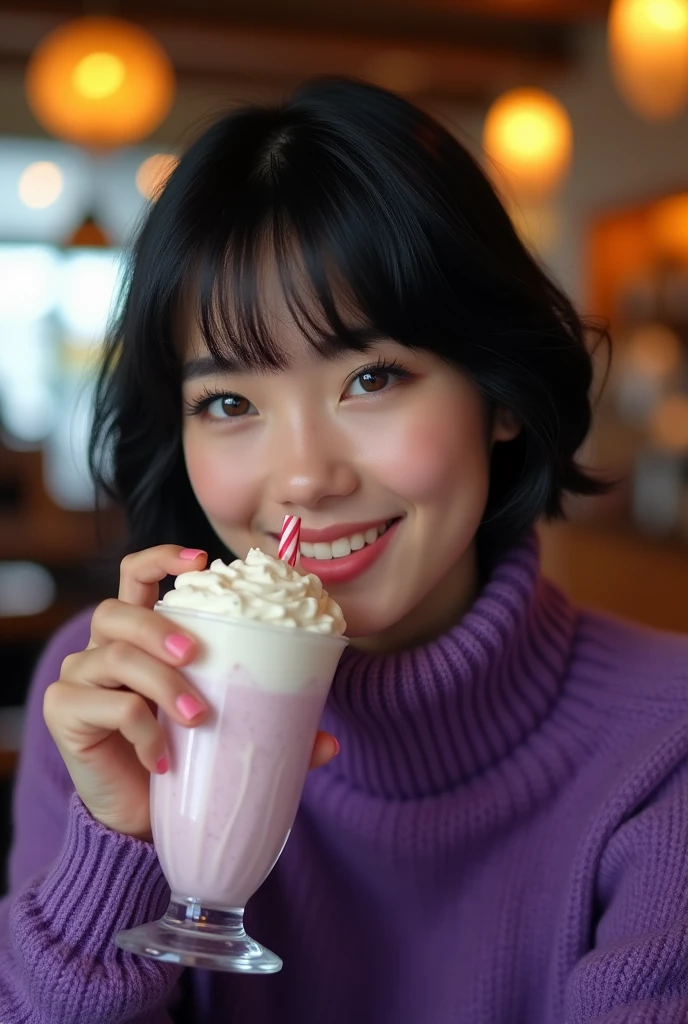 adult  woman, short black hair with bangs, violet eyes, purple sweater, she is drinking milkshake, realistic image, fully detailed, no errors, 4 k image
