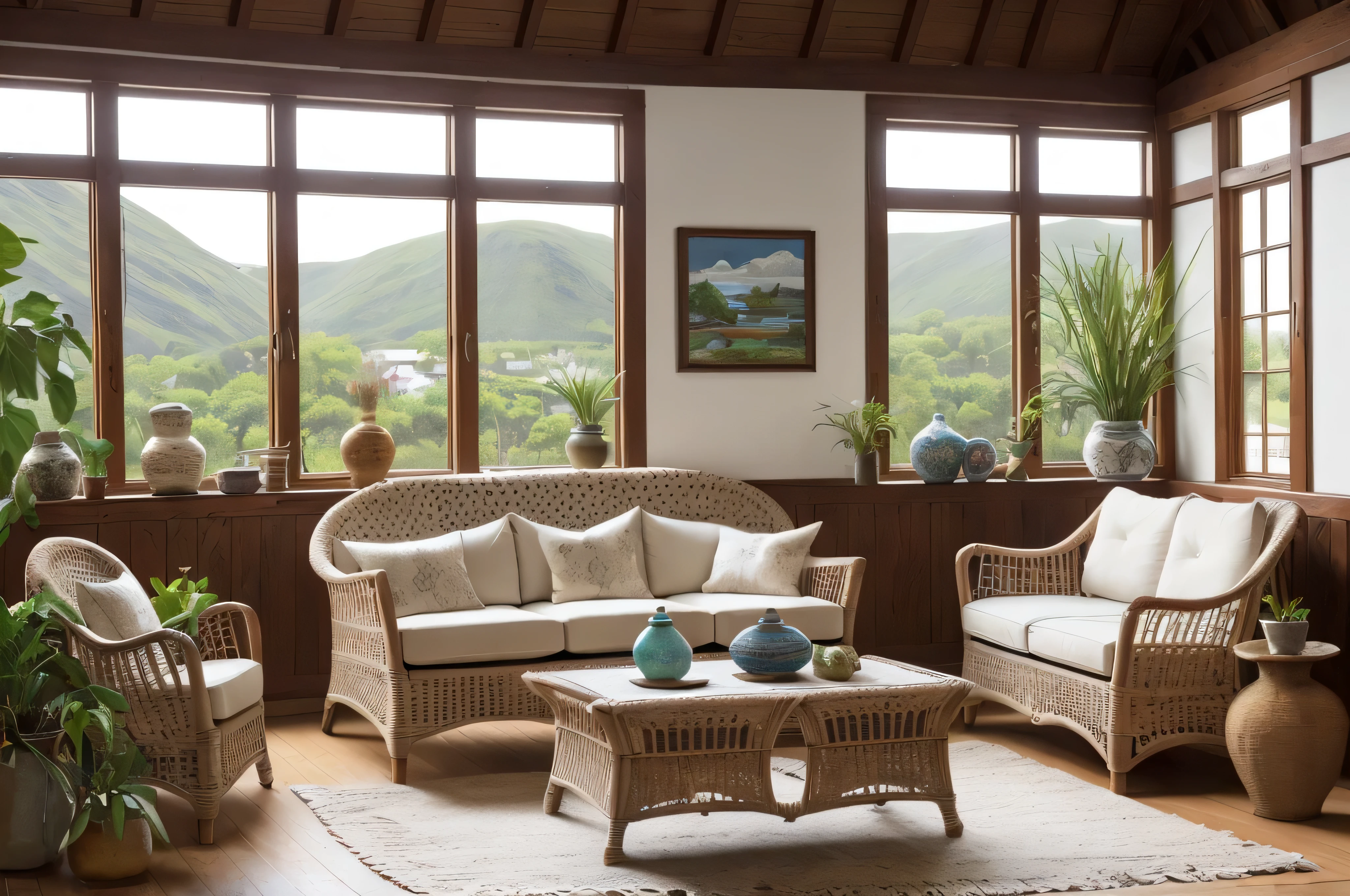 a living room filled with furniture next to a window, a stock photo, inspired by Einar Hakonarson, folk art, white table, with beautiful exotic, wicker art, high quality product photo
