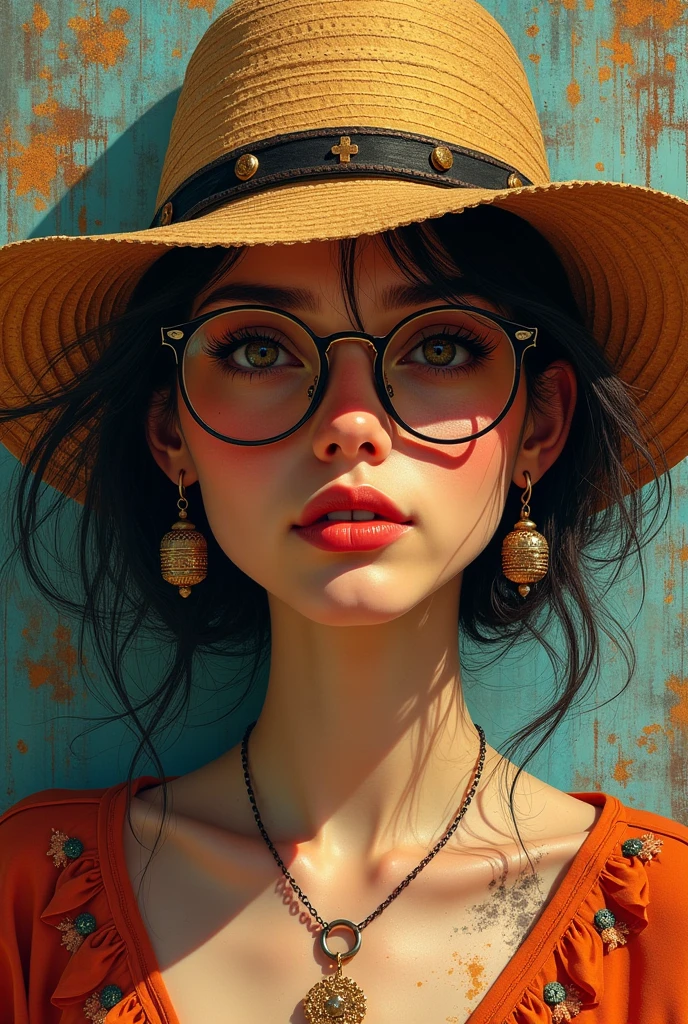 Style similar to Grimly,Hans Hartung (Hans Hartung) 风格 Hans Hartung (Hans Hartung) Stunning artistic effects,{With text:"God is alive":1.8},1 woman,charming eyes,Multiple earrings, Put on a straw hat , Wear glasses(but under the eye)