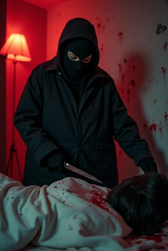 korean girl, (behind corpse, holding knife), black balaclava mask, black gloves, room full of blood, black raincoat, holding knife, black gloves, woman on top, girl only, behind corpse, blood splatter, bed room, night, mass murderer, balaclava, plump girl, killer, blood splatter, dark atmosphere, cinematic lighting, atmospheric realistic, red lighting, close-up, tripod and camera in the back, shooting with camera