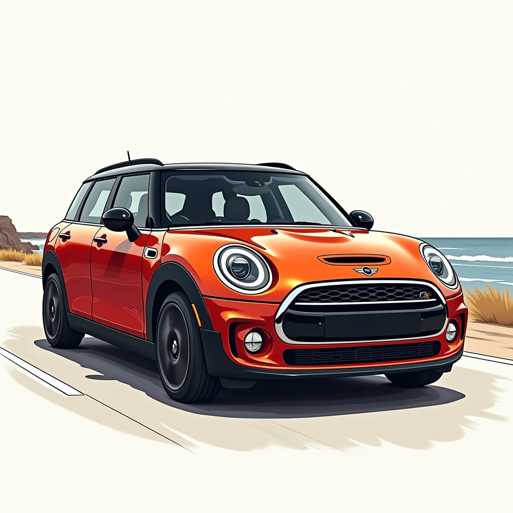 The Mini 2023 Clubman body color is orange-tinged metallic red. Black Wheels Drive along the coast Slightly pulled angle American line drawing illustration style