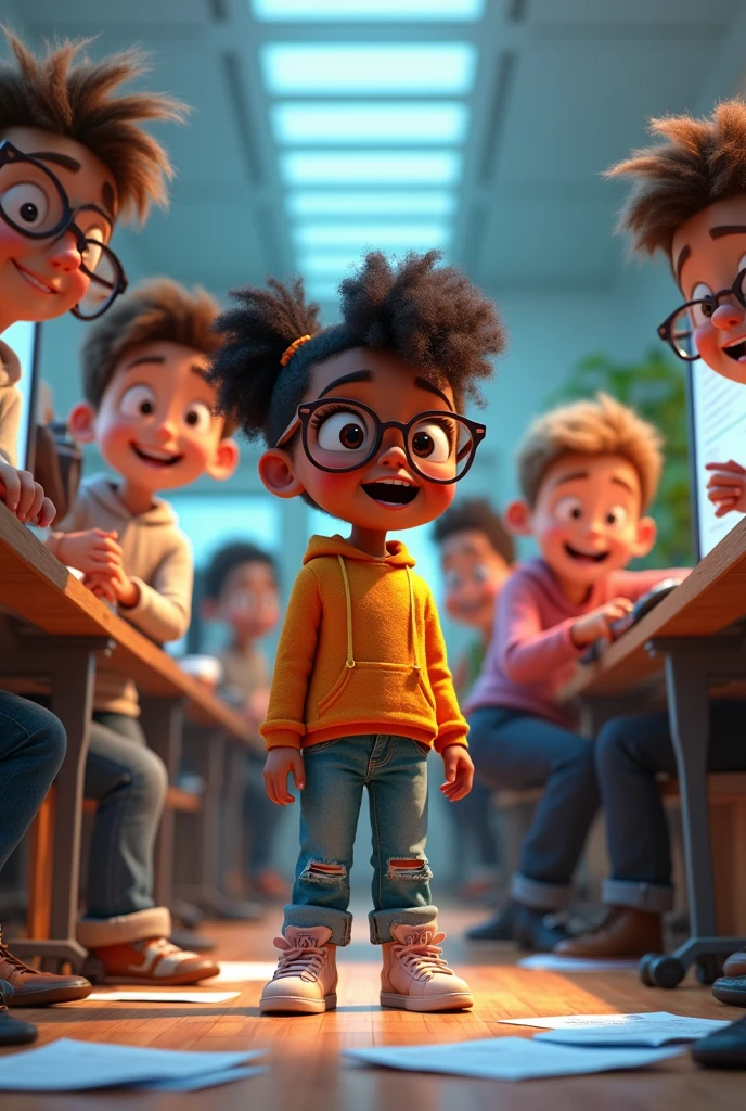 A hyper-realistic and colorful Pixar-type image with a girl with a wide cleavage, Dark-skinned girl with glasses and a surprised expression who is surrounded by 6 boys with a mischievous smile and who are all in an office that has several tables with computers.