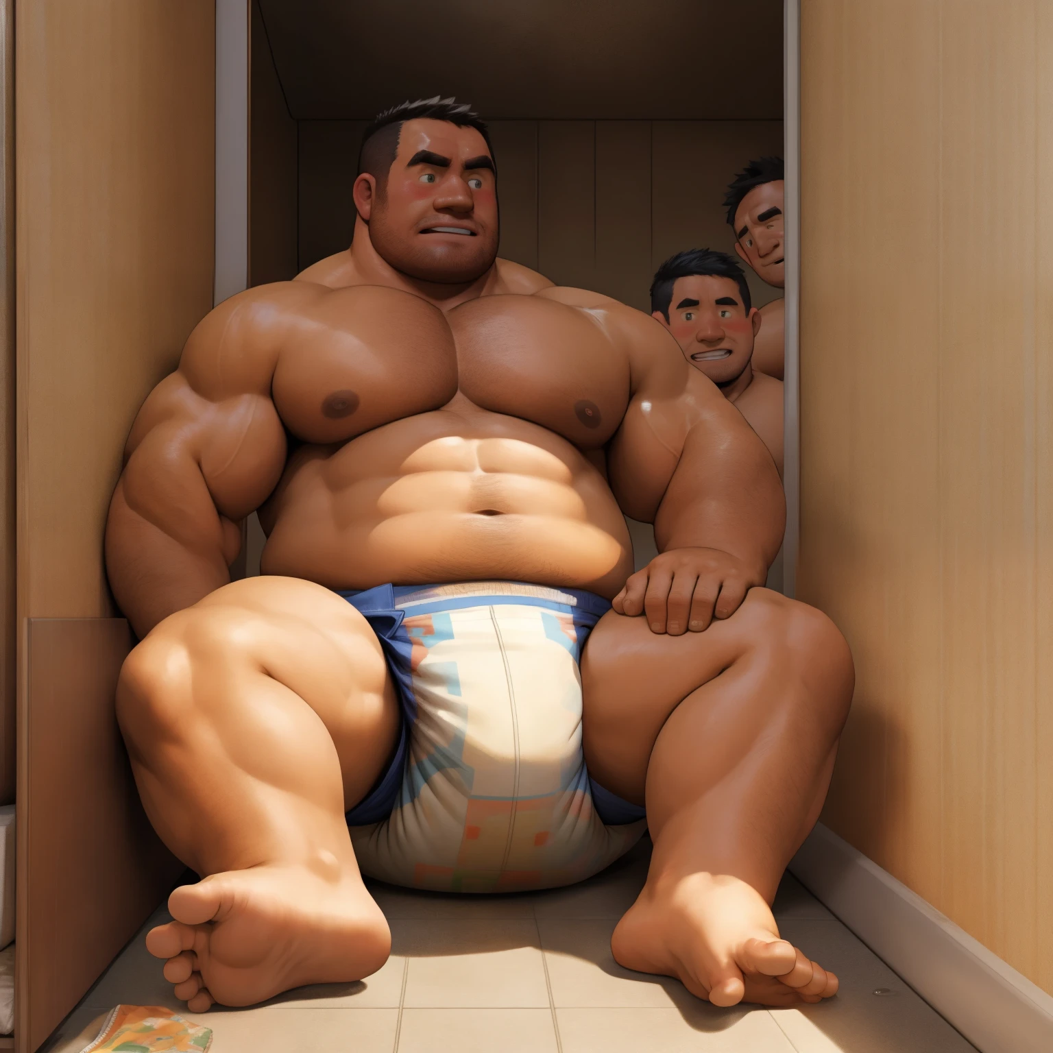 masterpiece, Top quality, in 32K, perfect anatomy, hyper detailed, super fine illustration, The thick man is a brutal prisoner, retarded, hairy, human, 50yo in japan, (fatness: 1.0), Fatty muscle, Bowleg, disappointment, incontinent, be diaper check by children, There is a small puddle under him, Naked, short legs, Bowleg, spread legs, wear a White cloth Diaper, Bare belly, Bare legs, Bare foots, Bare soles, Shirtless, wide forehead and short thinning hair, Man with round  face with stubble, Bare foots, Bare soles, shy, sissy, Weaker than children, Drool, Round face, He enters nursery school and is despised by children, He is made to stand attention in the corner of the playroom, corner time, He surrounded by children, Bare foots, big butt, White Diaper, sobbing, There is a small puddle under him