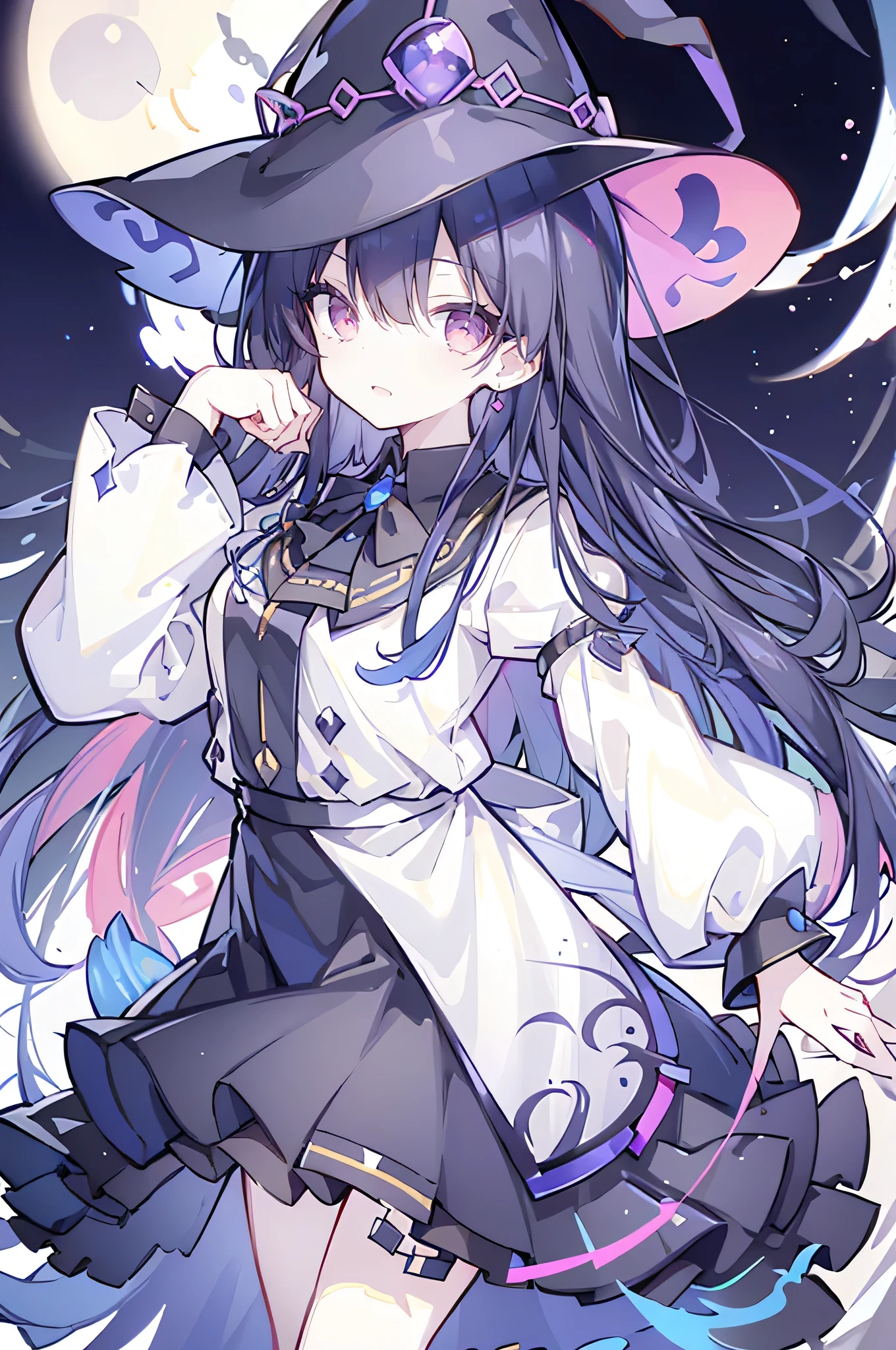 oung Girls,Humanity,A magician always smiles,big witch hat,cute,dark blue long hair,The eyes are dull,The bangs are heavy,Thin eyebrows,fantasy,intake,Double teeth,Star Theme,Constellation pattern,Solid color clothetal decoration,cloak,A bit of a dark atmosphere,A little crazy smile,When the big moon shines outside at night,blood,Hair black star embellishment,Short tie,No nails,High waist skirt,Bell sleeves,Long-sleeved shirt,Black tie,low risk,gentlemen。Mist、Yellow and white effect,Shocking pink as an accent color