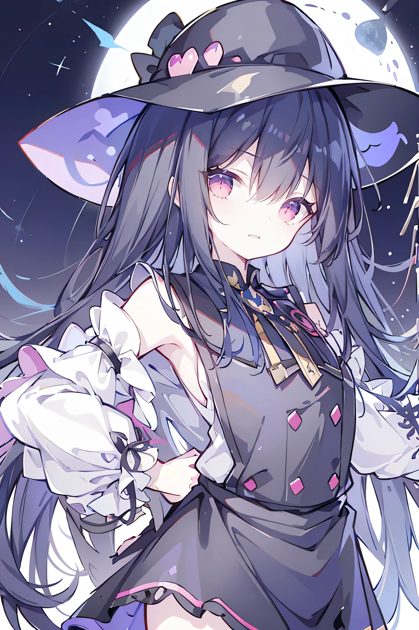 oung Girls,Humanity,A magician always smiles,big witch hat,cute,dark blue long hair,The eyes are dull,The bangs are heavy,Thin eyebrows,fantasy,intake,Double teeth,Star Theme,Constellation pattern,Solid color clothetal decoration,cloak,A bit of a dark atmosphere,A little crazy smile,When the big moon shines outside at night,blood,Hair black star embellishment,Short tie,No nails,High waist skirt,Bell sleeves,Long-sleeved shirt,Black tie,low risk,gentlemen。Mist、Yellow and white effect，Shocking pink as an accent color