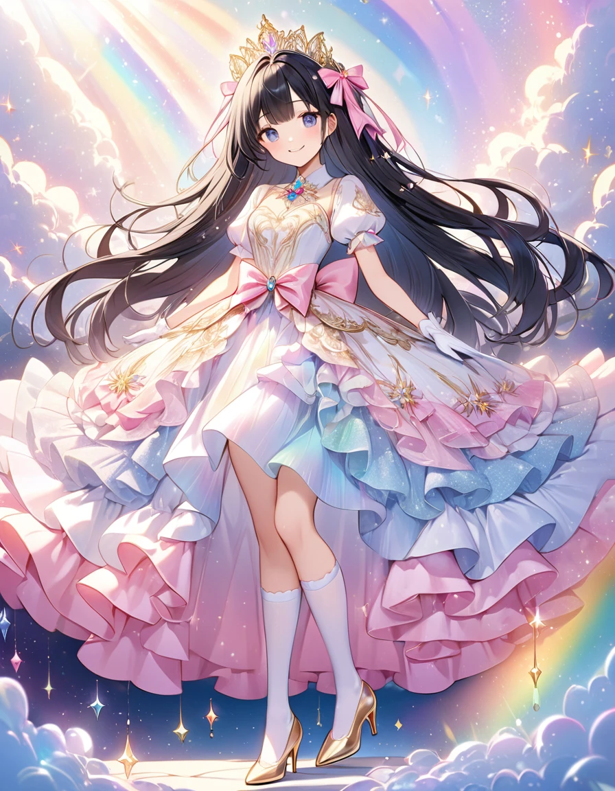 Girl, cute, adorable, full body, smiling, straight hair, long hair, black hair, standing,
magical and whimsical dress designed to evoke a fairytale princess aesthetic, shimmering white dress with intricate gold filigree and pastel rainbow accents that create a radiant, (short puff sleeves), sunburst effect, iridescent pink bow sits at waist, emphasizing narrow silhouette before skirt billows out, A brooch made of large jewels and ribbons on chest, White gloves with beautiful lace decoration, voluminous multi-layered skirt with ruffle trim, ball gown silhouette, each layer transitioning through a spectrum of pastel colors, from soft pinks to gentle blues, each edged with golden glitter and tiny, sparkling stars, material is semi-translucent, catching light to reveal hidden layers of tulle beneath that add depth and movement, Decorative elements like gold piping, celestial motifs, crystal embellishments are meticulously placed to enhance the enchanting look, (large ribbon on head), (white over knee socks with pink ribbon decoration), (pumps with heels), 