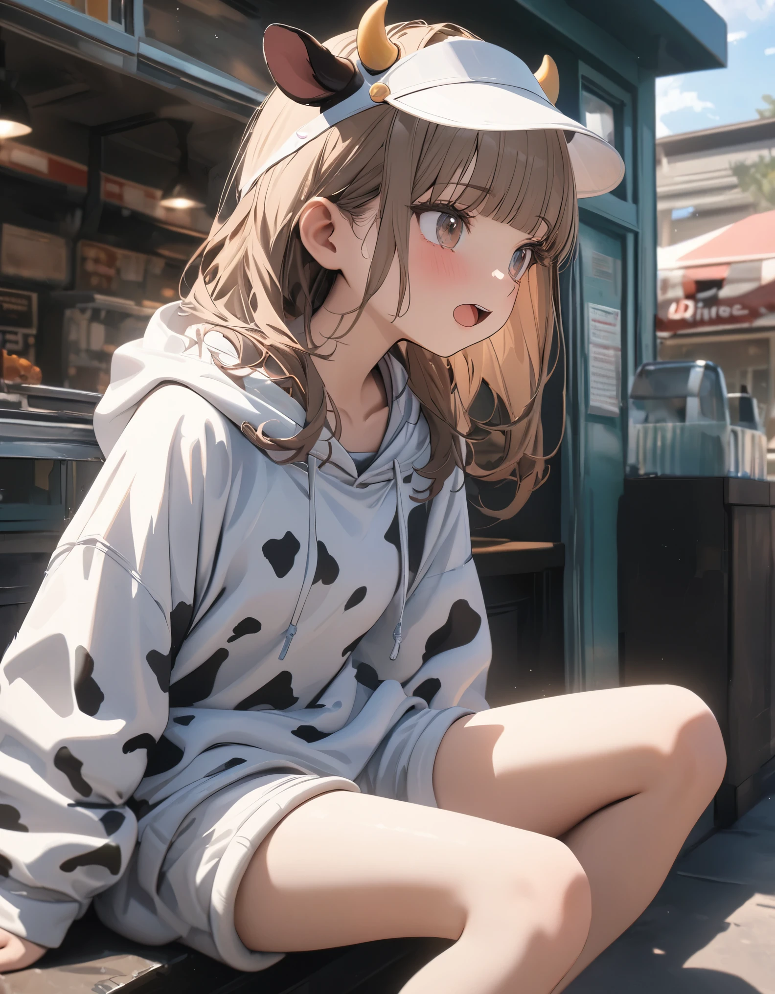 ((Masterpiece)), ((best quality)), ((wide shot)), profile, (super detail:1.2), (High Definition:1.3), ((extremely detailed)), (8K), (Professional Photography:1.2), (very aesthetic:1.2), (absurdres:1.2), (sharp focus), (perfect light), ((kawaii)), (drop shadow), ((1girl)), ((cute teenage girl)), (put on cute sun visor), (loose blunt bangs), Shaggy hair, pale brown hair, small breast, cute hips, ((wearing Cow-patterned oversized hoodie)), fluffy shorts, cinematic lighting, Textured skin, messy hair, (loose blunt bangs), teenage girl, Healthy stomach, (Healthy slim body), small breasts, cute eyes, ((great laughing)), tear, (open mouth), pale brown hair, Thin accessories, (Sitting), (outside the diner gate), (cute cheeks), glossy lips, pouty lips, bags under the eyes, (lower eyelashes), (detailed background:1.2), newest,clear line,
