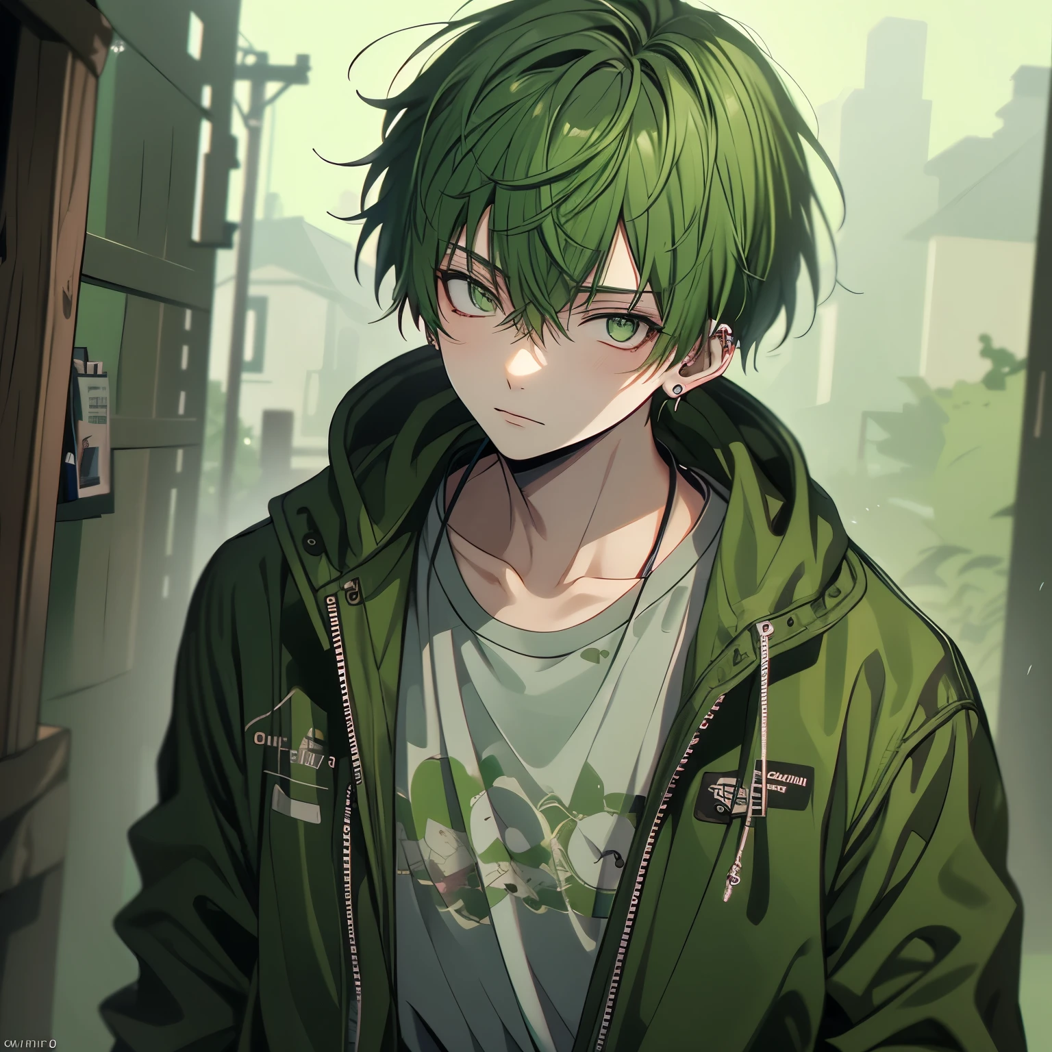 (masterpiece), Highest quality, Ultra-high resolution,male、1 person、Muddy green hair、Short Hair、Muddy green eyes、Muddy green clothes、Walking through the mist