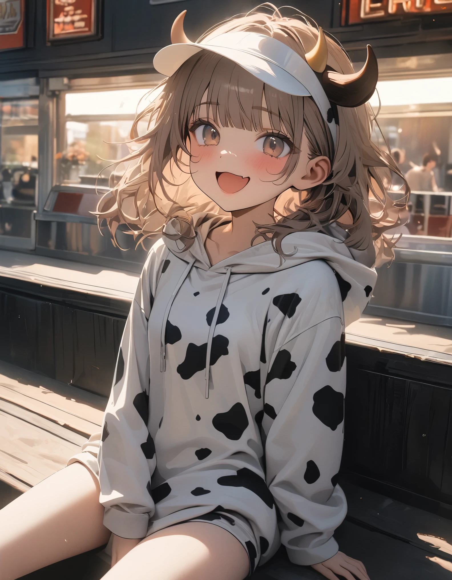 ((Masterpiece)), ((best quality)), (Anime:1.4), (super detail:1.2), (High Definition:1.3), (Professional Photography:1.3), (wide shot), (sharp focus), (perfect light), ((12 years old)), 1girl, ((wearing Cow-patterned oversized hoodie)), fluffy shorts, cinematic lighting, Textured skin, messy hair, (loose blunt bangs), teenage girl, Healthy stomach, (Healthy slim body), small breasts, cute eyes, ((naughty face)), (open mouth), (put on cow ears), pale brown hair, Cute Beautiful girl, Thin accessories, ((loose cute shorts pull up)), (standing on the diner couch),
