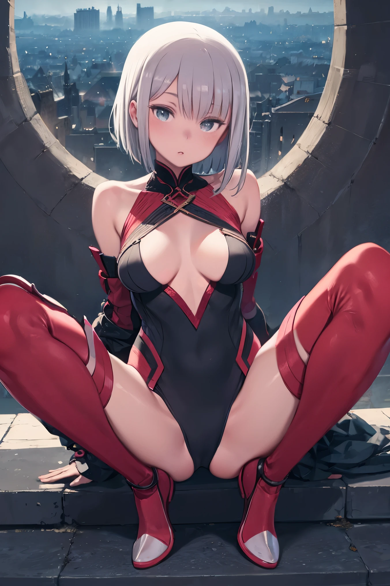 fantasy, 1girl,young_, ,silver_hair, short_hair, long_bangs, bare_shoulder,thighhighs,silver_armor, waist_armor, large_breasts,half_eyes,floating, bare_crotch, headgear,gauntlet, greaves,city_background,slightly_spread_legs, solo, groin_naked,hair_over_one_eye,rise_knee,rise_leg,
