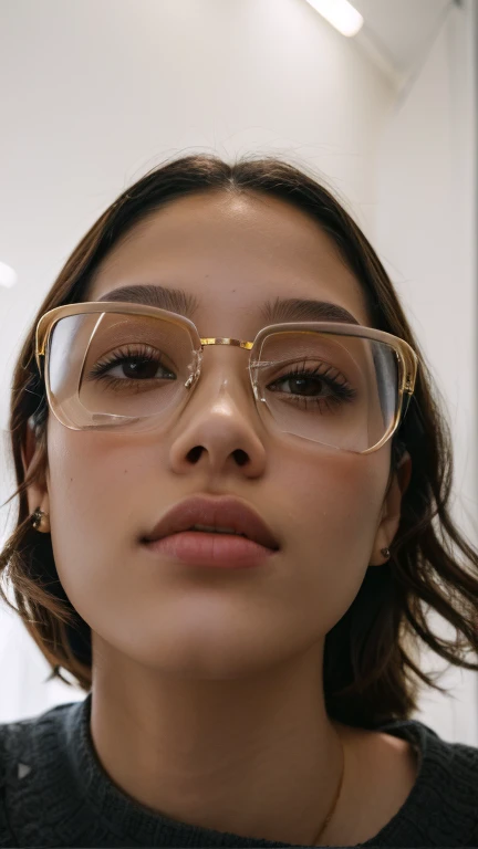 there is a woman with copos looking at the camera, wearing gold copos, gold copos, transparent copos, girl wearing round copos, wearing thin large round copos, girl with copos, thick copos, copos, large copos, Kiko Mizuhara, big copos, wearing square copos, eyecopos, with square copos, close do rosto, julia sarda