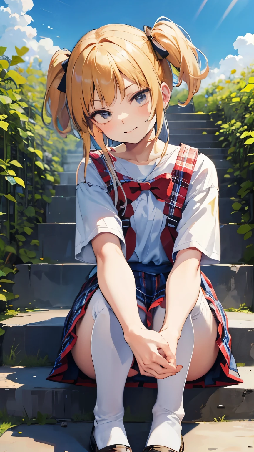 Very cute, from the front, sitting on wide stairs, legs bent, knees raised, legs apart, rainbow pigtails, round eyes, short eyebrows, short eyelashes, slightly upturned lips, small red tartan check shoulder strap one-piece skirt, white zettai ryoiki knee-high socks, zettai ryoiki, sunny day, blue sky, country road, smirk, cheerful,