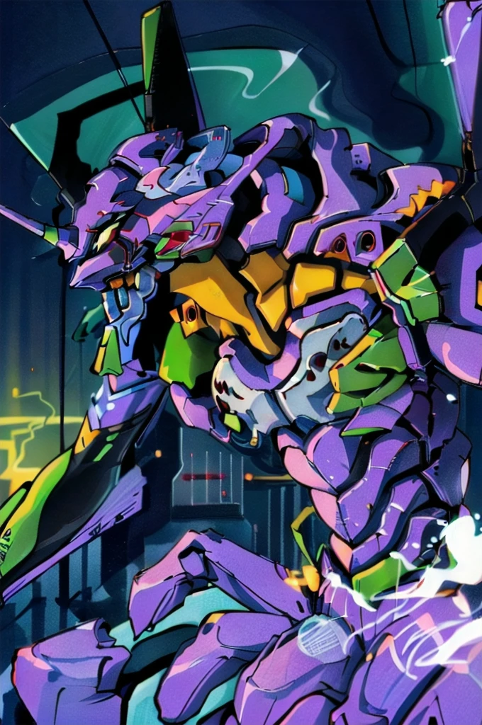 （high resolution）An image of a robot emitting green and yellow light, (Eva Unit 01), neon genesis Evangelion style, ( Evangelion ), from Evangelion, Evangelion anime, neon genesis Evangelion fanart,(Eva Unit 013)