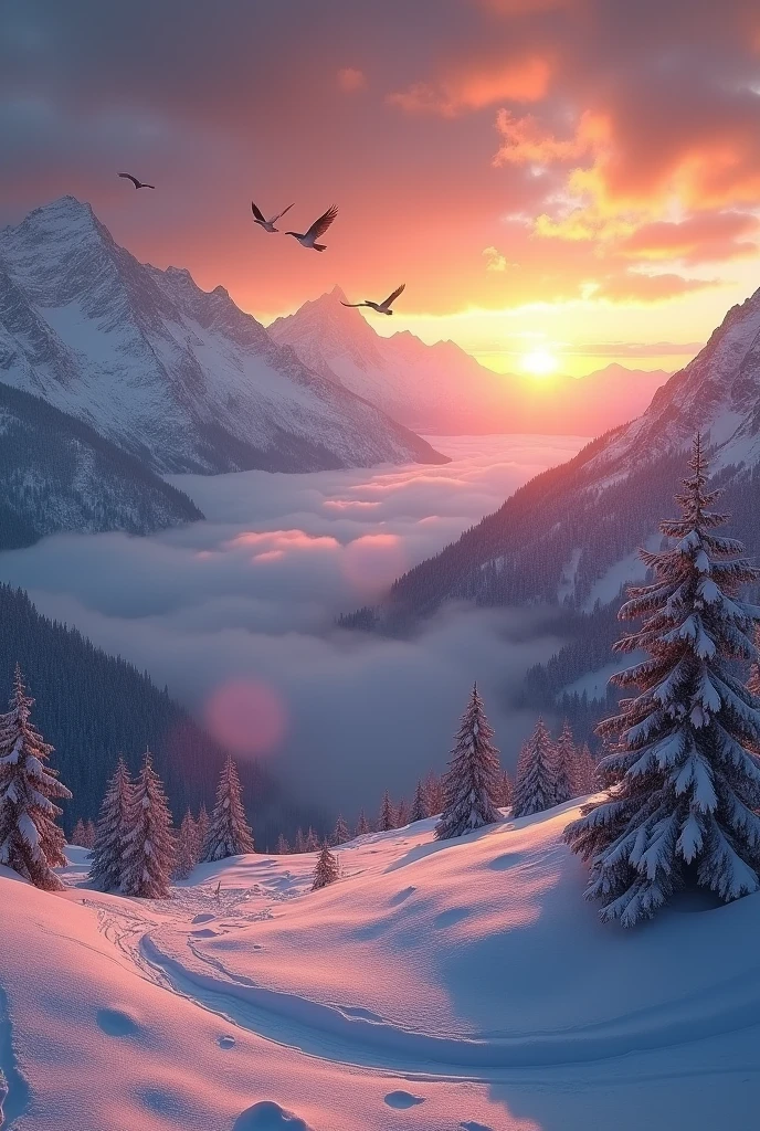 (photorealism:1.2), sunrise, snow, dark, Alps