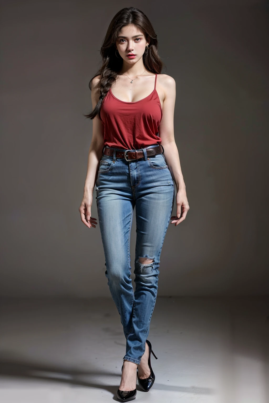 (RAW shooting, Photoreal:1.5, 8k, highest quality, masterpiece, ultra high resolution), perfect dynamic composition:1.2, Highly detailed skin and facial textures:1.2, 1girl:1, caucasian:1,Glamourous female, beautiful and aesthetic:1.2, sexy beauty, perfect style, belief, Strong-willed, revenge, Fair skin, very beautiful face, (large breast:1.4, Chest gap:1.4), (beautiful eyes, Eyes that feel beautiful eros:1.0), (Too erotic:0.9, Bewitching:0.9), (full body photo:2), (perfect limbs:1.2), (perfect fingers:1.2),(earrings,necklace,perfect thigh,make up,red top:2, jeans:2, sleeveless:1.4, shoes,single braid,brown hair,belt:2,),(simple background:1),(standing:2),