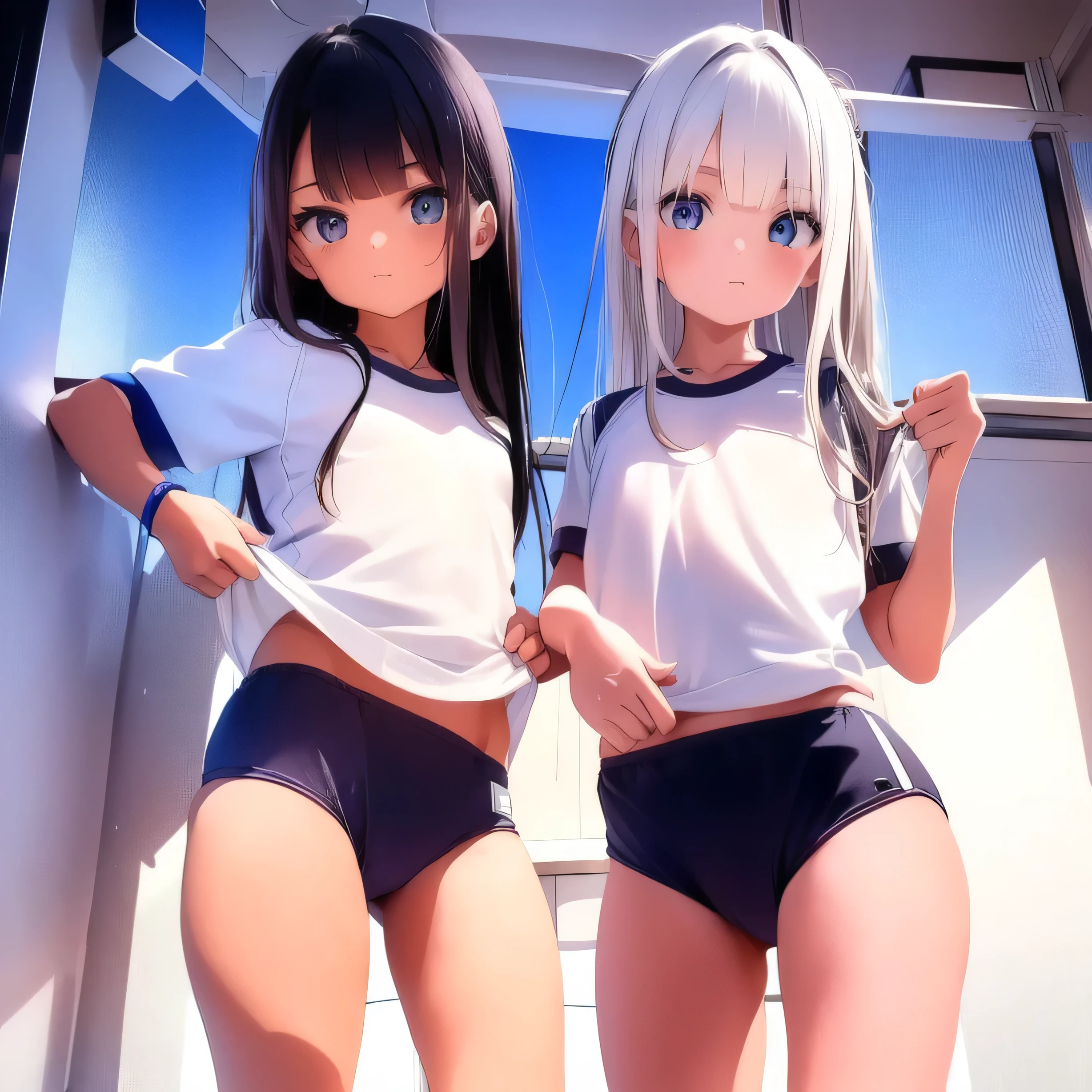 2 girls, Gym pants (color: Random), Tracksuit pants (color: Random), (School gym uniform, School bloomers), White gym uniform top, Four fingers are clearly visible., One defined thumb, (View viewers), break, sexy, ((alone)), ((15 years old)), ((best quality)), ((masterpiece)), (familiar), Skin stretch marks, perfect face, 8k , (cowboy shot), various poses, break, Various hair styles (Random), Different hair colors, break, Different eye colors, Beautiful princess, embarrassing, (The clothes are wet.), (((in the heat))), ((Very )), ((flat chest)), perfect limbs, Take off your pants, (nipples are visible:0.5), sexy, stand, Daytime schoolyard, sexy pose, toe, beautiful detailed girl, beautiful breasts, beautiful nape, beautiful collarbone, Beautiful waist, beautiful bridge, beautiful thighs, Very Detail, Ultra Quality, hdr, masterpiece