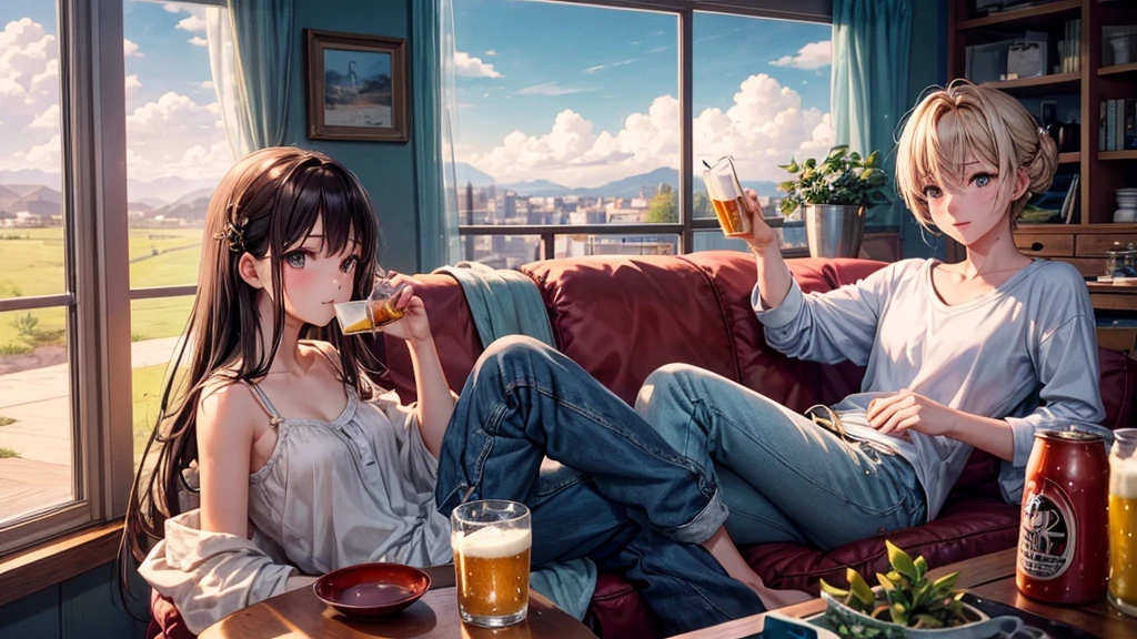 cute characters like photographers and entertainers, relaxing in a cozy living room. Out of the window,, conveying a calm and peaceful summer landscape. characters that exude a relaxed and comfortable atmosphere, perfect for relaxed themed LoFi hip hop. This image is perfect for 16:Aspect ratio 9, Youtube thumbnails.placing a beer can on a table、evening