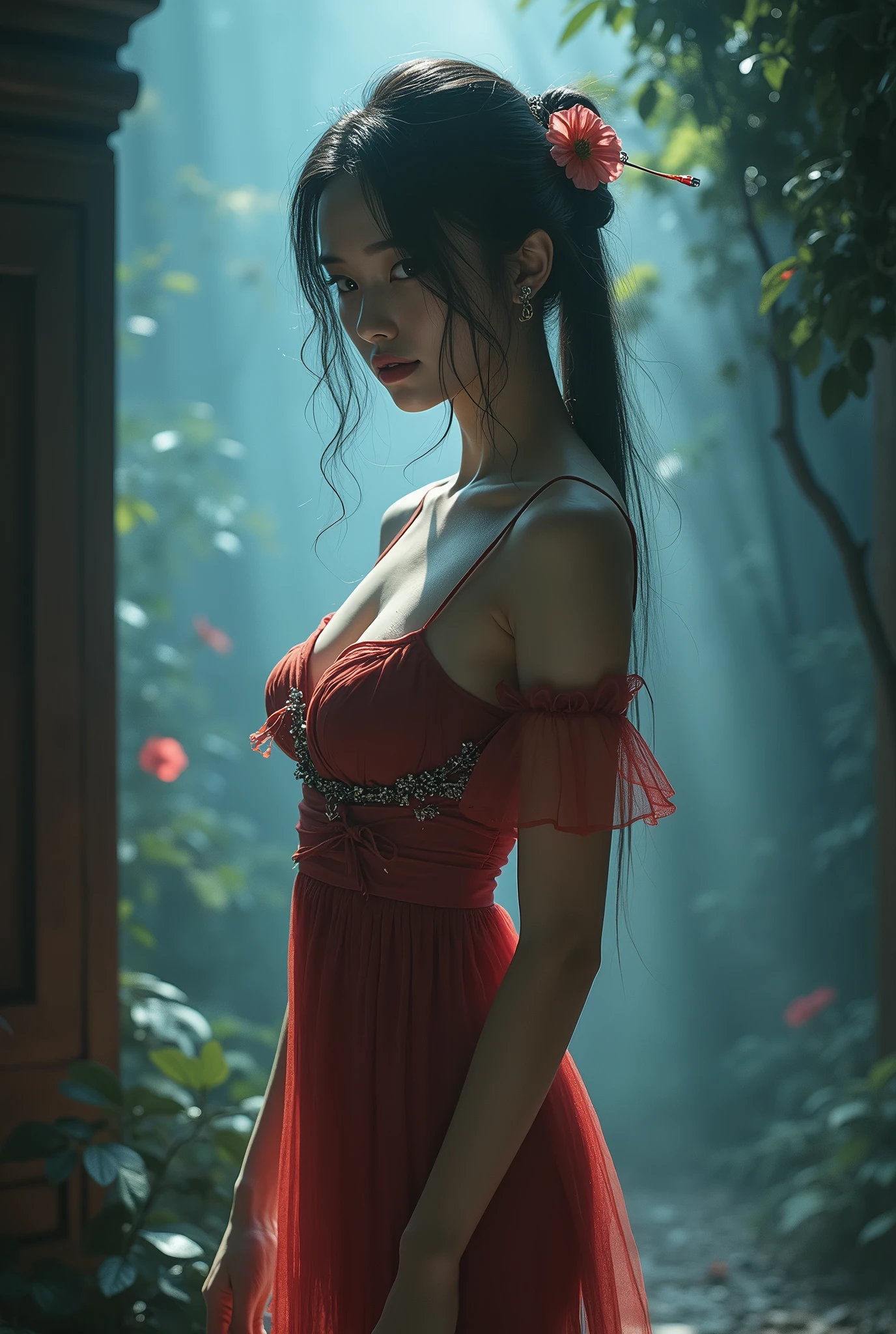 AncheReddressgirl, (masterpiece, best quality: 1.2), 1 girl, alone, In the depths of Wonderland,The moonlight falls like water,The room is foggy,The silhouette of the heroine is clear, Like a fairy in a painting,Sexy slender legs,Very beautiful legs,Sexy exposed legs,Big breasts,Beautiful with a hint of mystery。Her face is beautiful and delicate,Like exquisitely carved jade,Showing supernatural beauty。The eyebrows are as beautiful as a painting,The waves in my eyes are like sparkling stars,Showing the light of perseverance and wisdom。The bridge of the nose is straight,The lip color is like a cherry,The corners of the mouth are slightly curved, showing confidence and composure。Her face is clearly defined,The skin is as white as jade,Showing a healthy radiance,Like a fairy, she never eats fireworks in the world。Light and delicate makeup,Not too embellished,But enough to show her temperament and charm。Light foundation highlights the transparent skin,A light eyebrow pencil outlines her perfect eyebrow shape,Eye makeup is eye shadow and eyeliner,Make her eyes brighter and more energetic。Lips are painted gracefully,Add a touch of charm and sophistication。Her dress is graceful and elegant,Clothes fluttering,It seems to be blown away by the wind at any time,drifting into the void。Without losing her grace,Also shows her extraordinary skills。A wide belt is tied around her waist,There is a transparent jade pendant hanging on there,Swinging with her movements。Her hair was tied back loosely,Fixed with a hosta,A few strands of hair fluttered gently in the wind,Adding a bit of softness。Her figure loomed in the fairy world,Like a beautiful big breast landscape,attracting everyone's attention。She was like a fairy in the fairy world,Beautiful big breast、graceful、mysterious、and full of power