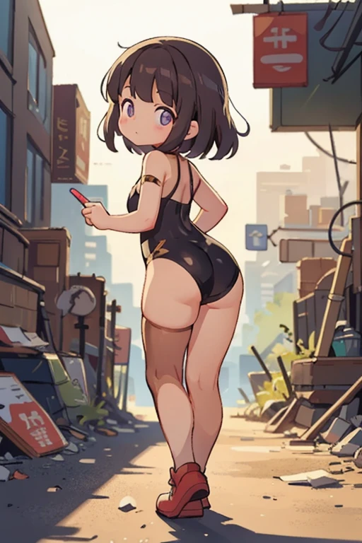 (best quality, highres, masterpiece:1.2),ultra-detailed, realistic:1.37, professional, vivid colors, bokeh, (HDR,UHD),studio lighting,extremely detailed eyes, detailed lips, A with a plump butt pointing upwards、Full body shot、((Be careful when drawing fingers:1.2))、Wearing a well-worn tanned leather bodysuit、beautiful body line((Mainly the lower body))pose to show off、((Looking back while leaning forward))、Sentai heroine style costume、A tanned leather bodysuit that looks easy to move in and comes with accessories.、Show off her lovely lower body line、A ruined city filled with dust and smoke、Desolate cityscape、A pose as if trying to run towards the back of the screen、