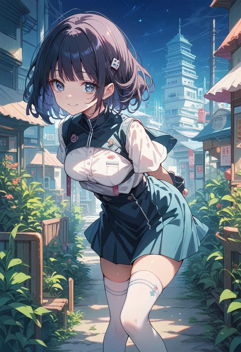 1girl, 独奏, looking at viewer, Leaning forward, medium breasts, recruit suit, stockings, Tight Skirt, Skirts shorter than the knee, Light pink blouse, Black Hair, pale skin, pumps, arms behind back, smiling, night city, 