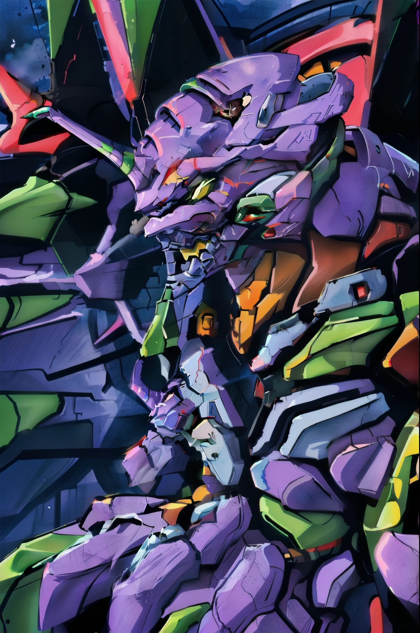 (high resolution)An image of a robot emitting green and yellow light, (Eva Unit 01), neon genesis Evangelion style, ( Evangelion ), from Evangelion, Evangelion anime, neon genesis Evangelion fanart,(Eva Unit 013)