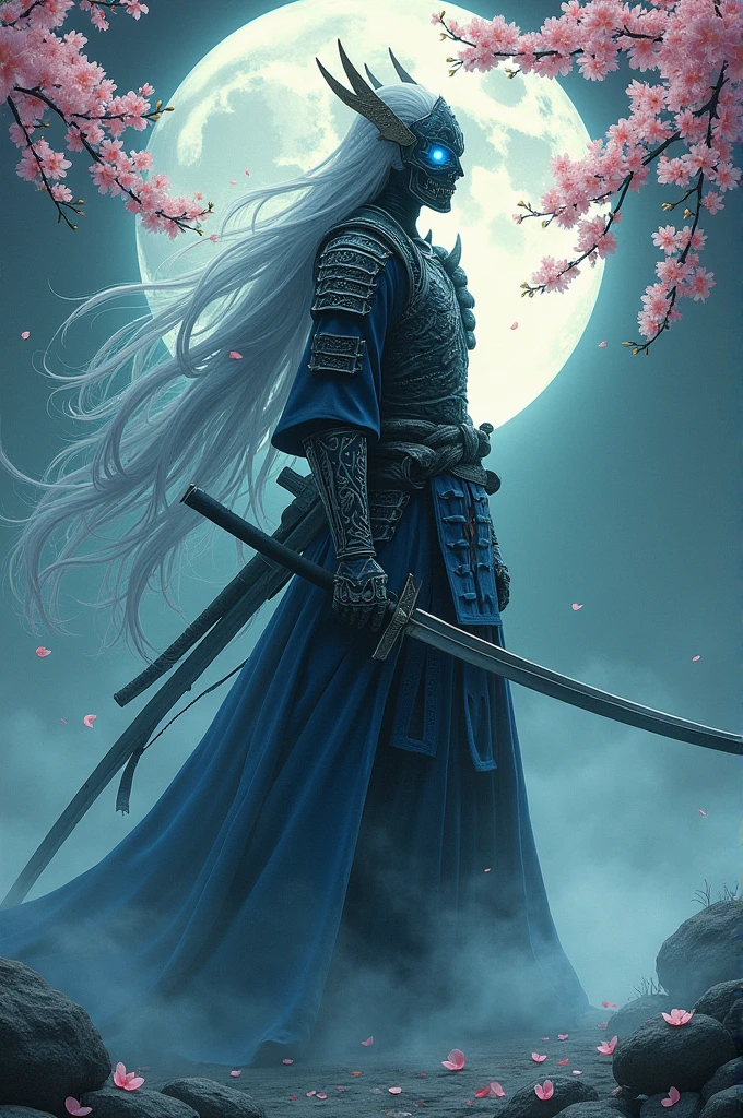 Create a samurai ghost. A translucent appearance to characterize its ghostly appearance. Use manga drawing lines.
In her long hair she puts masks of monster skulls.